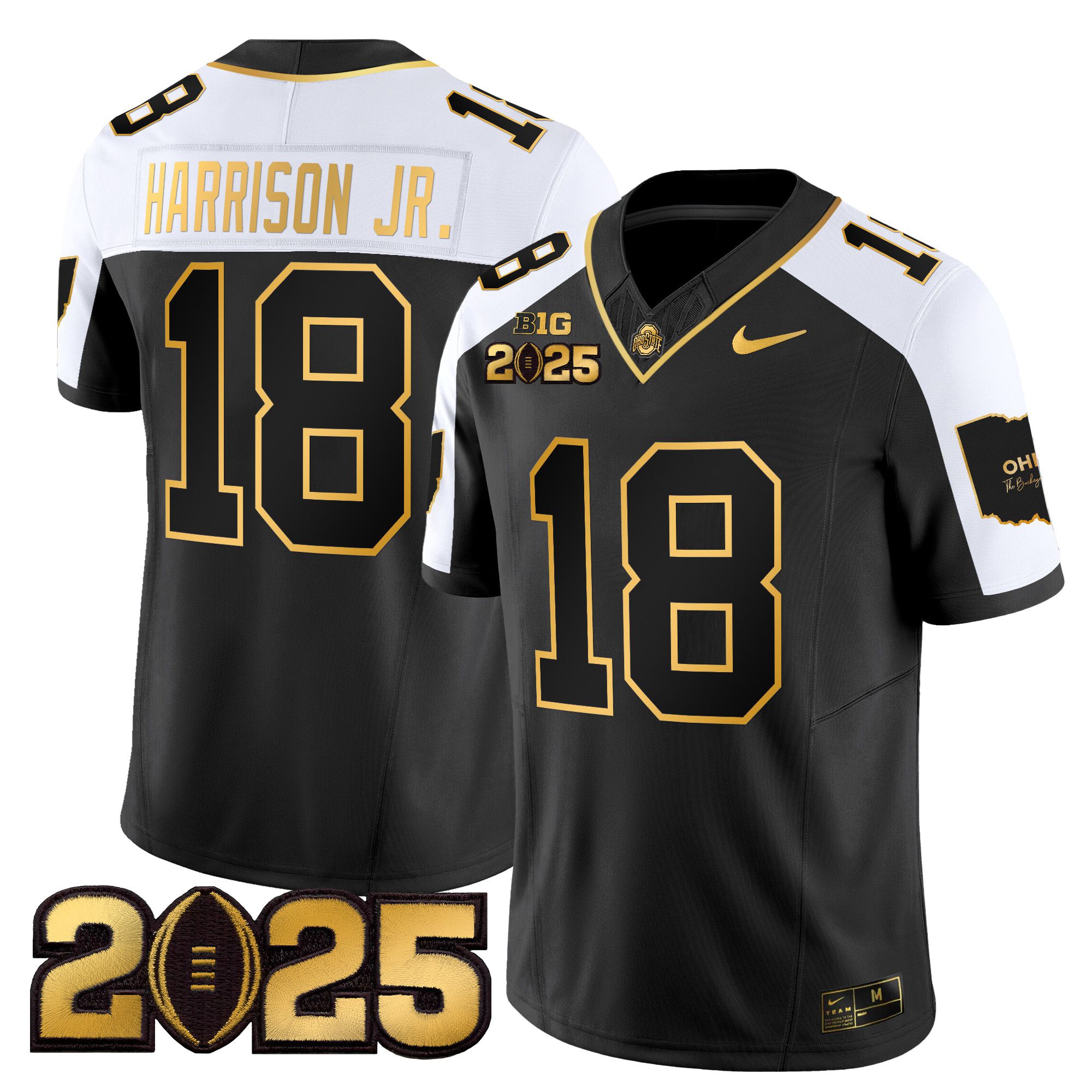 Men Ohio State Buckeyes #18 Harrison jr Black 2025 CFP Final Patch Gold Vapor Limited NCAA Jersey